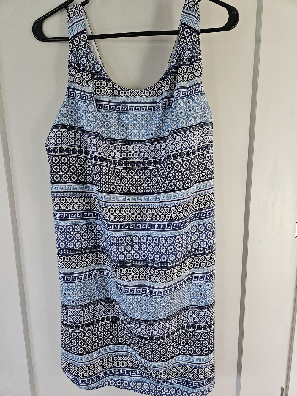 Fleur Bleue Blue White Geometric Sleeveless Lined Tank Dress